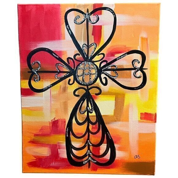 Canvas Cross Heart Design Hanging Wall Decoration Size 16” W x 20” H‎ Orange Red - Picture 1 of 3